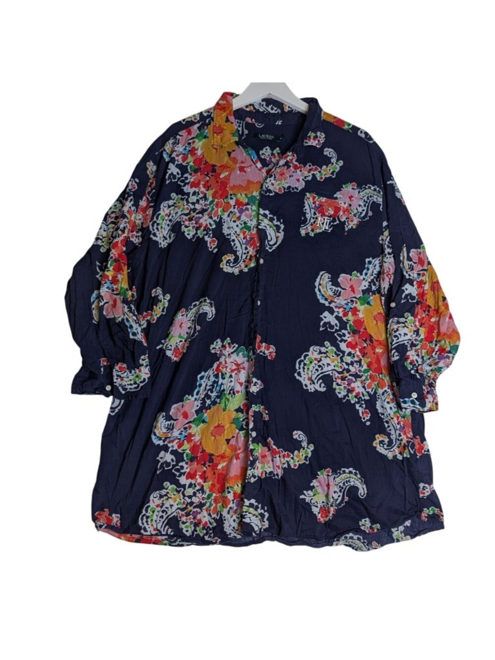 Lauren Ralph Lauren Navy Floral & Paisley Poplin Nightgown Night Shirt Size 3X - Picture 2 of 11
